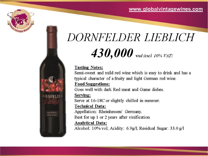 Tasting Notes:  Semi-sweet and mild red wine which is easy to drink and
